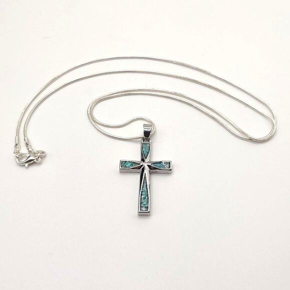 925 Silver Necklace w/ Turquoise Cross Christian Native Pendant Valentines Gift
